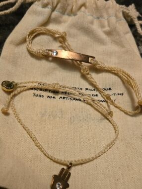 Handmade Cream Cord Braclet with Gold Hamsa Charm. Bar Charm Braclet